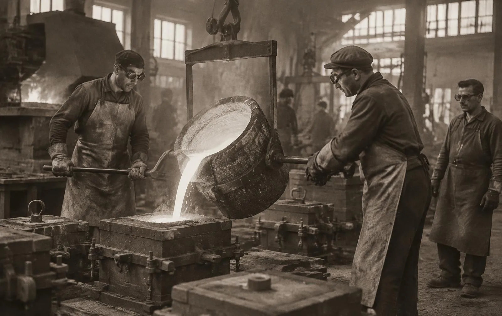 Fonderia anni Cinquanta: colata di alluminio in un'officina artigianale